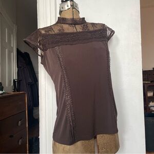 Lace Yoke Short Sleeve Top - Chocolate Brown
